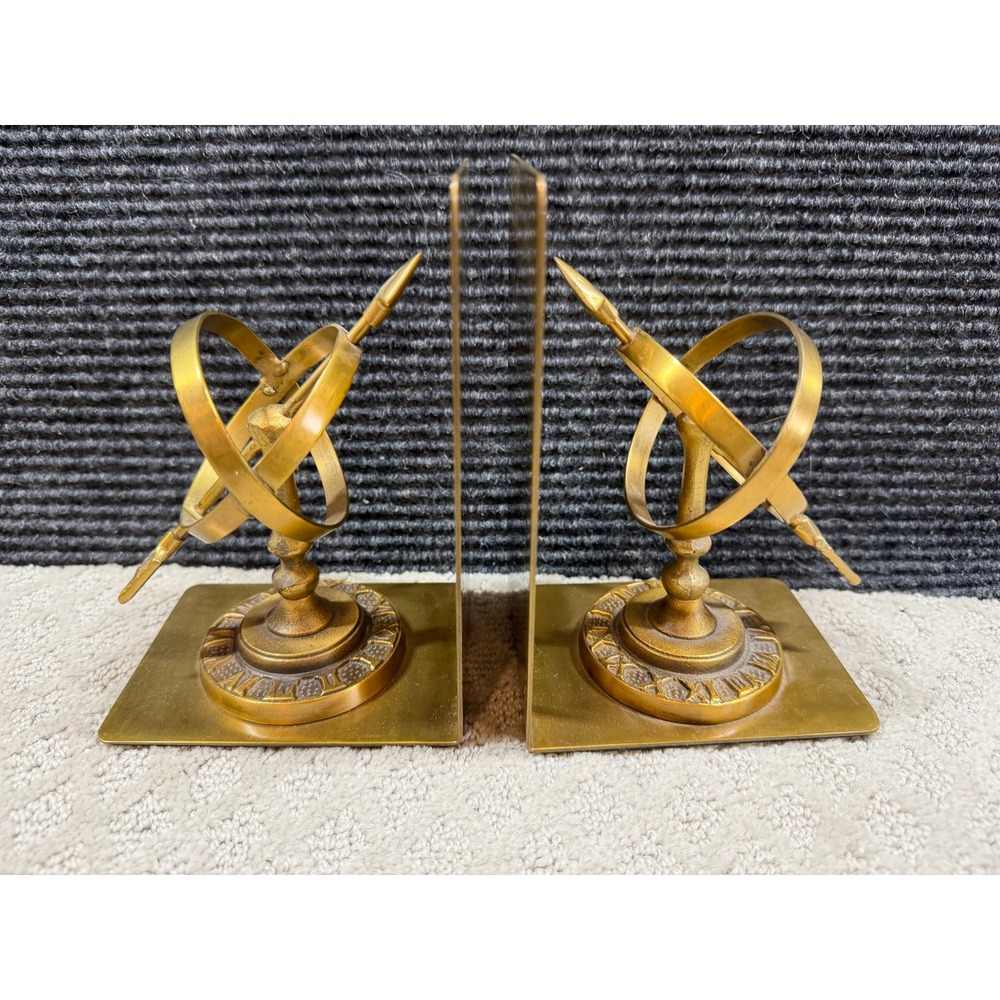 Vintage Brass Armillary Sundial Bookends Set Gold Celestial Arrow Decor India